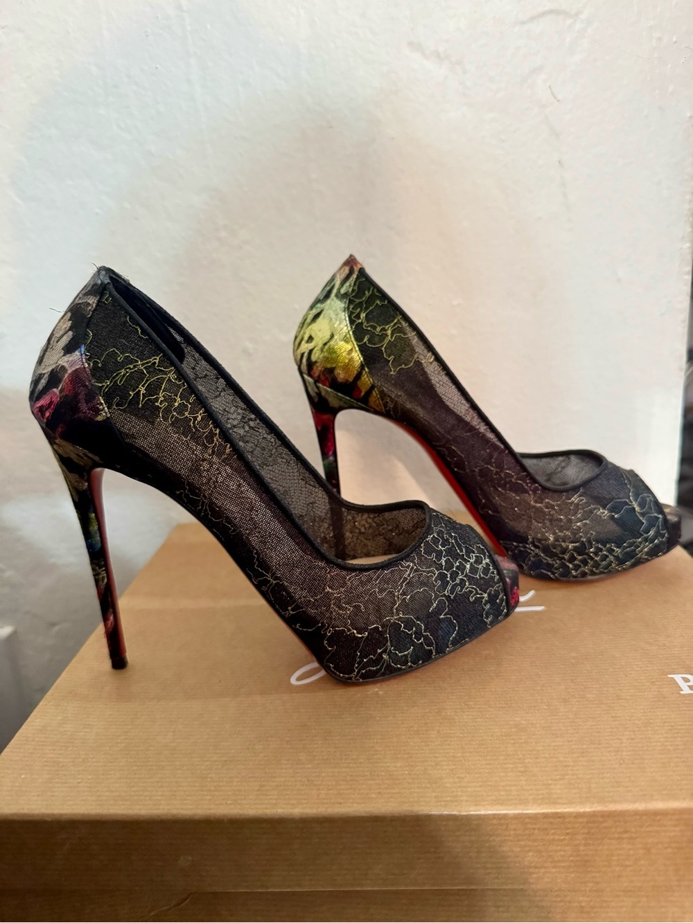Christian Louboutin Black Lace Peep-Toe Pumps with Multicolor Accent Heel